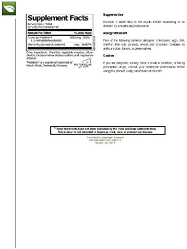 Activated B12 Folate Lozenges Methylcobalamin Metafolin Folate L-5-MTHF 60 Fast-Dissolving Tablets