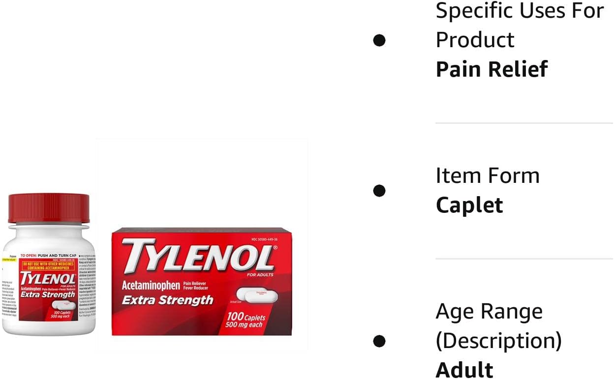 Tylenol Extra Strength Caplets with Acetaminophen Pain Reliever Fever Reduce 100 Count