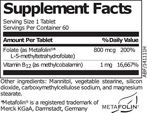 Activated B12 Folate Lozenges Methylcobalamin Metafolin Folate L-5-MTHF 60 Fast-Dissolving Tablets