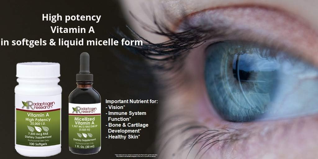 Vitamin A High Potency 25,000 IU Per Softgel Pure Vitamin A Supports Vision - 100 Softgels