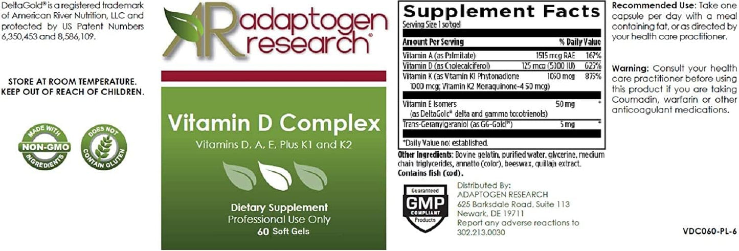 Adaptogen Research Vitamin D Complex with Vitamin A, E , K1 + K2 Fat Soluble Vitamins Blend - 60 Softgels |