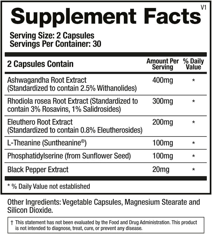 BioMatrix Adaptogen Supplement w/Ashwagandha, L-Theanine, Rhodiola - 60 Capsules