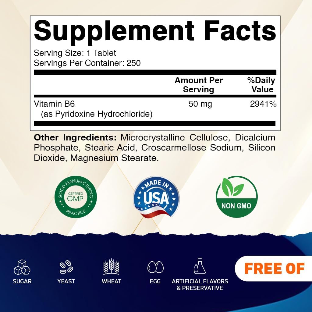 Vitamatic Vitamin B6 (Pyridoxine HCI), 50 mg - 250 Vegetarian Tablets