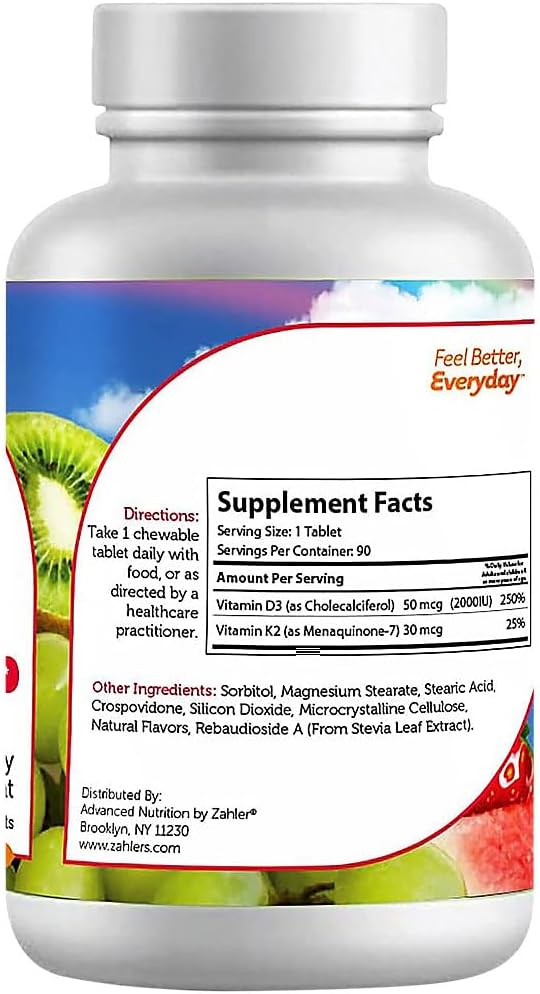 Zahler - Junior Vitamin D3 + K2 Chewable Tablets for Kids - 90 Count