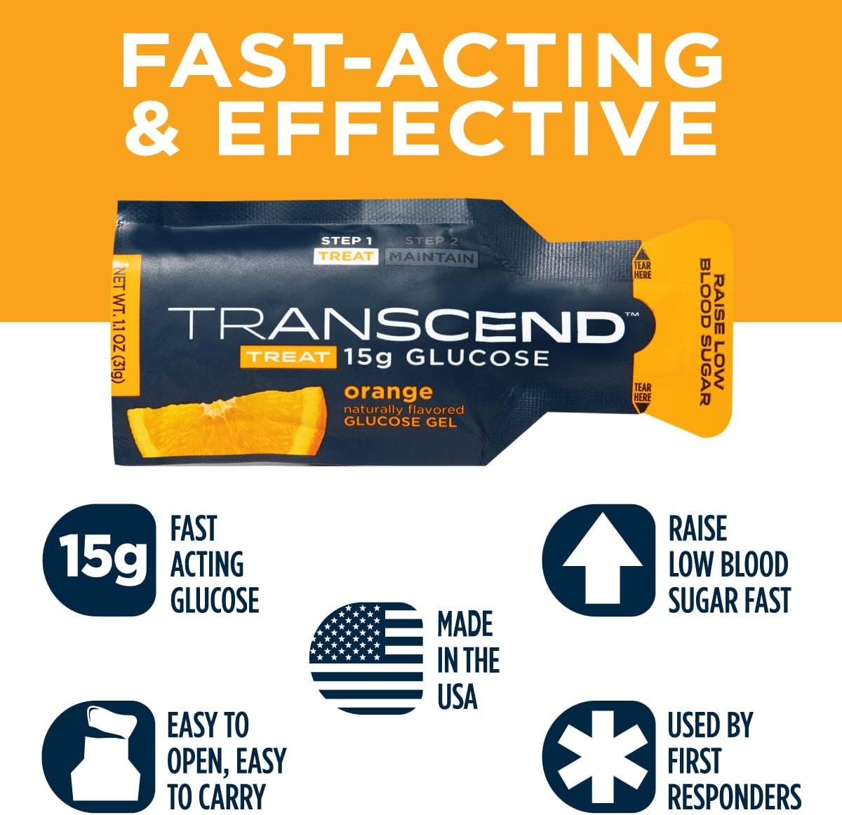 Transcend Glucose Gel Packs - Orange, 15 Pack (1.1oz Each) - FSA/HSA Eligible - Glucose Gel Packs for Diabetics, Blood Sugar Support Alternative to Glucose Tablets - Precise 15g Dose, Made in USA