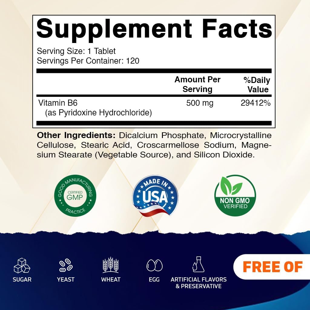 Vitamatic Vitamin B6 (Pyridoxine HCI), 500 mg – 120 Vegetarian Tablets