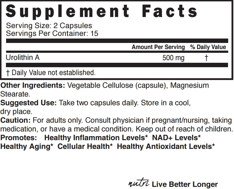 Nutri Urolithin A Supplement 500mg - Powerful NAD+ Boost, Antioxidant, Cell Repair - 3rd Party Tested 30 count