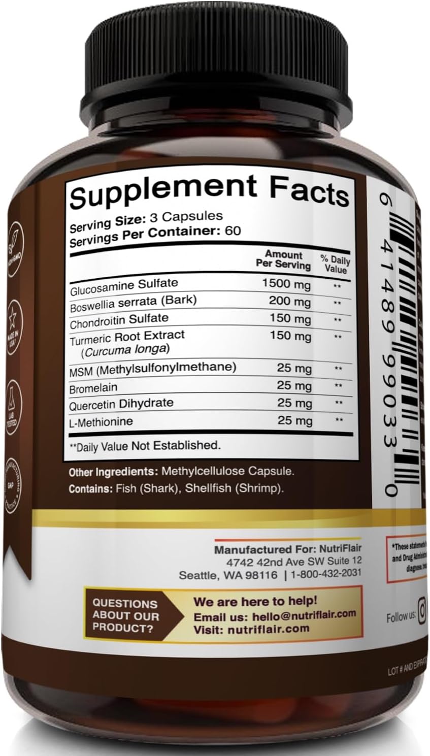 NutriFlair Glucosamine Chondroitin Turmeric MSM Boswellia, 180 Capsules