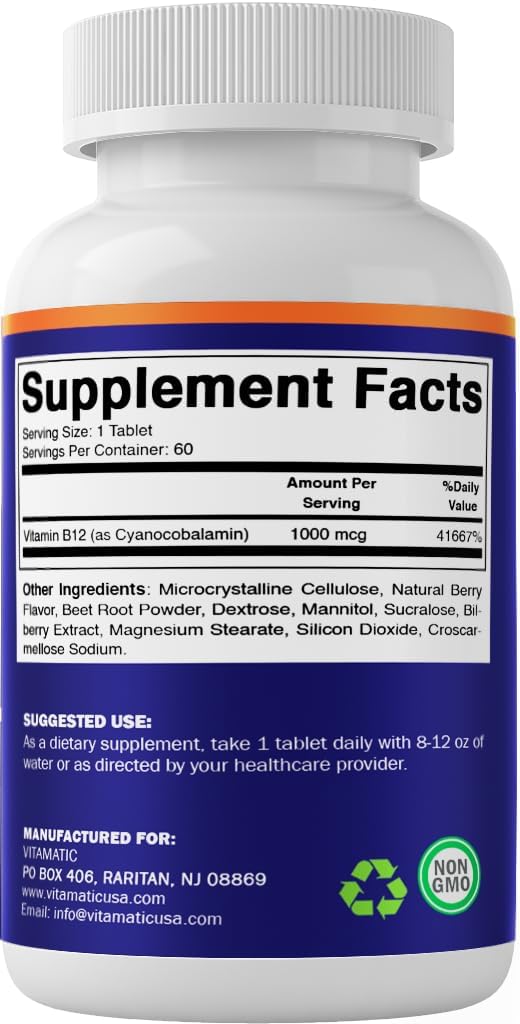 Vitamatic Vitamin B12 1000 mcg Fast Dissolve – 60 Tablets – Natural Berry Flavour