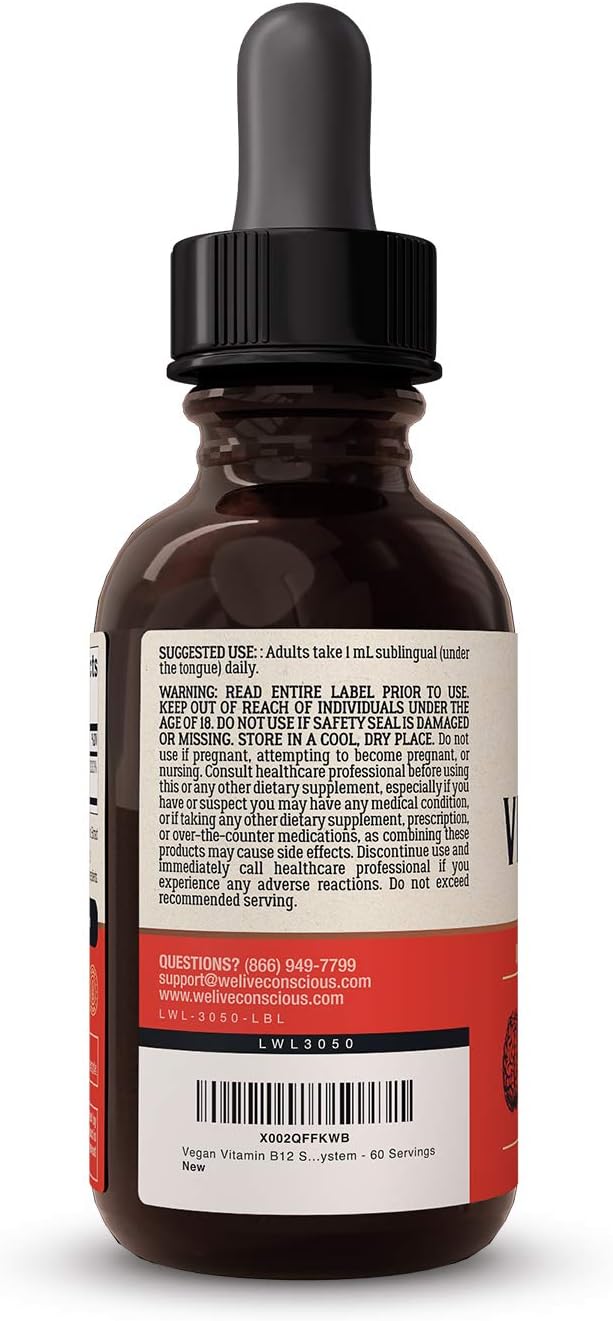 Vegan Vitamin B12 Sublingual Liquid Drops by Live Conscious - 60 ml