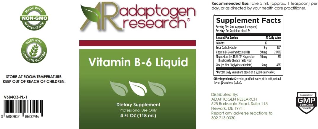 Vitamin B6 Liquid 50mg with Magnesium + Zinc Adaptogen Research 4 Fluidoz