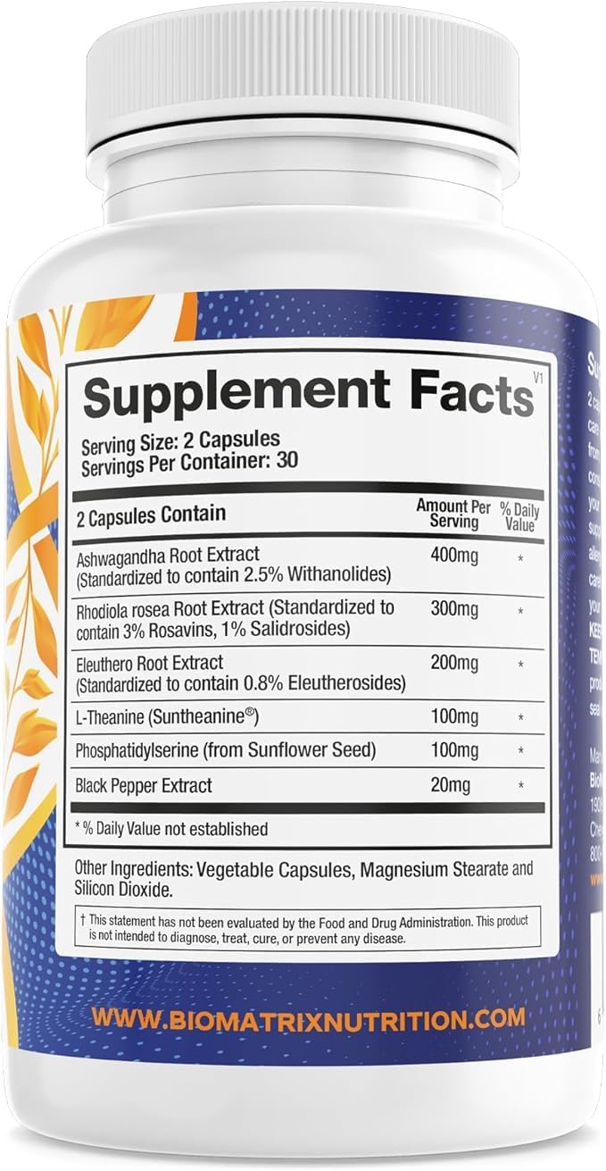 BioMatrix Adaptogen Supplement w/Ashwagandha, L-Theanine, Rhodiola - 60 Capsules