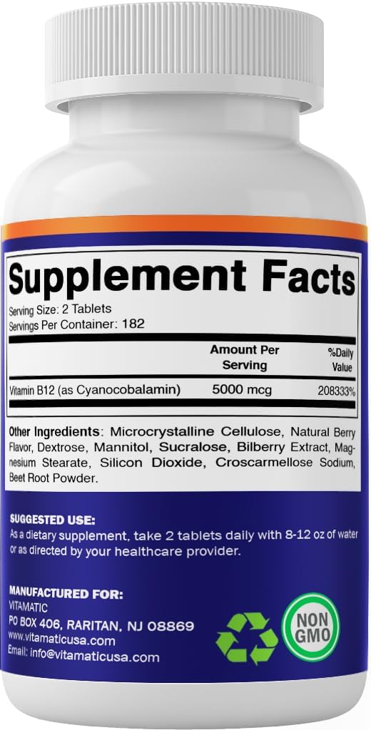 Vitamatic Vitamin B12 5000 mcg – 365 Fast Dissolve Tablets Berry Flavor
