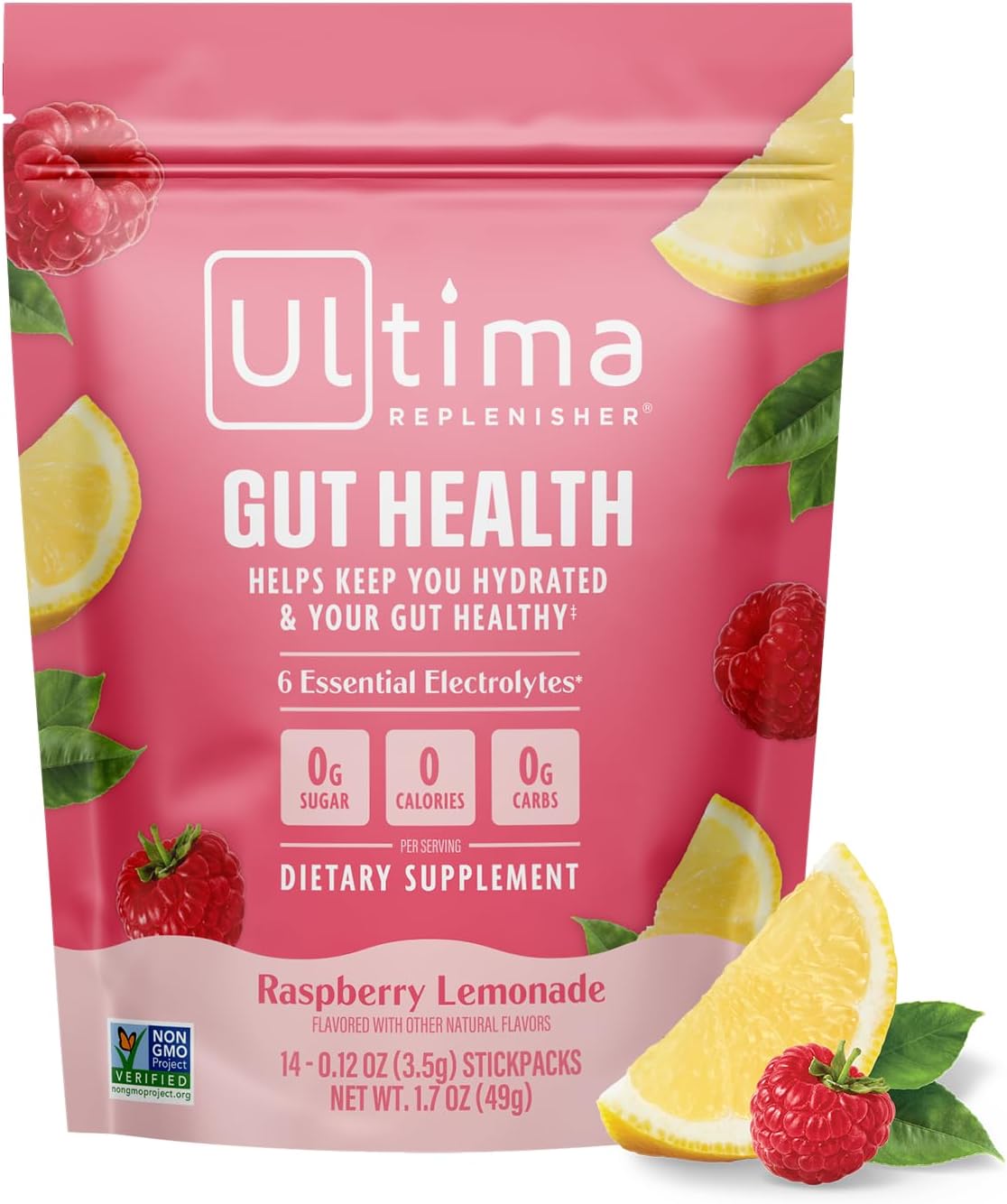 Ultima Replenisher Gut Health Supplement and Electrolytes Powder - Raspberry Lemonade, 14 Stickpacks