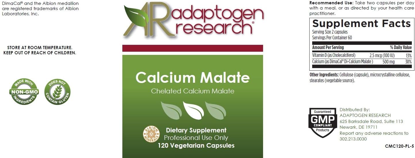 Calcium Malate Chelate 500 mg with Vitamin D3 Excellent Absorption Calcium Complex 120 Vegetarian Capsules