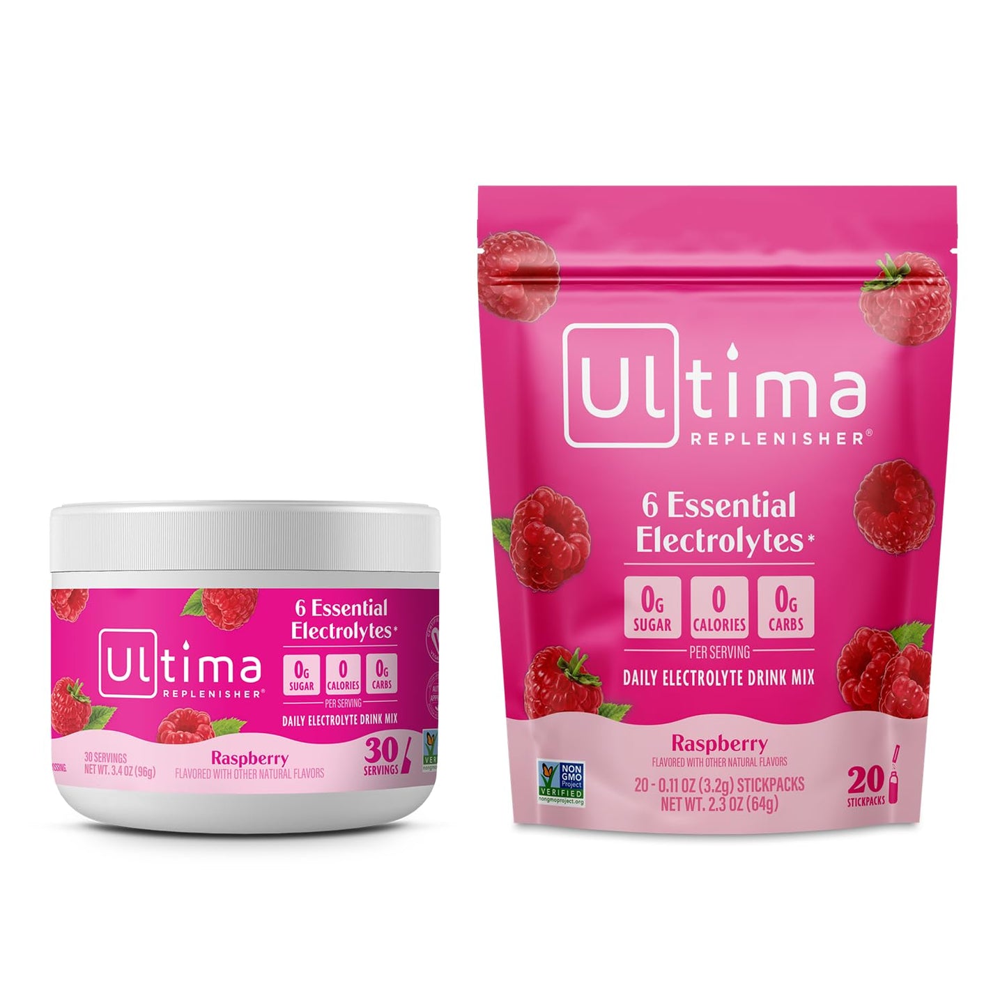 Ultima Replenisher Electrolyte Powder Drink Mix Bundle – Sugar Free – Rasberry 30 Serving Canister and 20 Stickpacks
