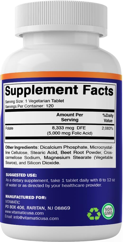 Vitamatic Folic Acid 5mg (5000 mcg) – 120 Vegetarian Tablets