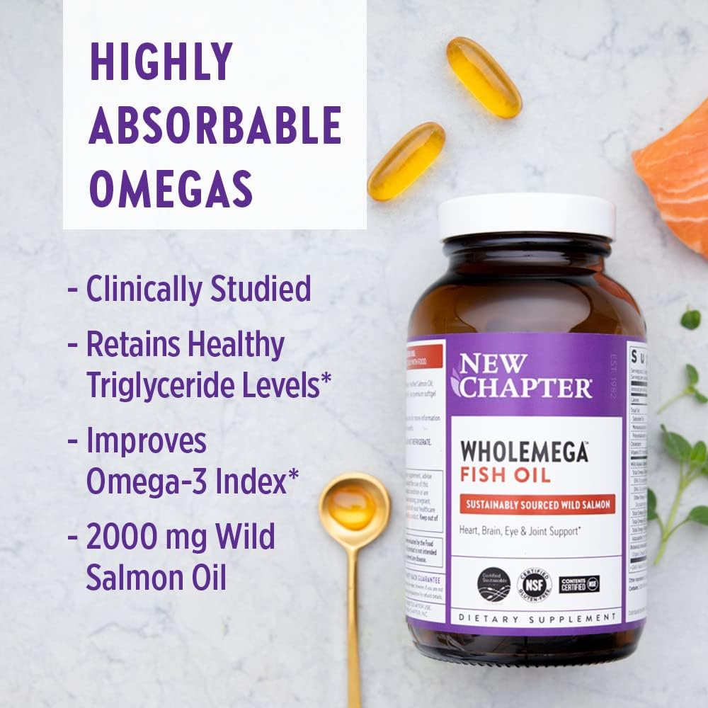 New Chapter Fish Oil Supplement - Wholemega Wild Alaskan Salmon Oil with Omega-3 + Vitamin D3 + Astaxanthin + Sustainably Caught - 180 Count