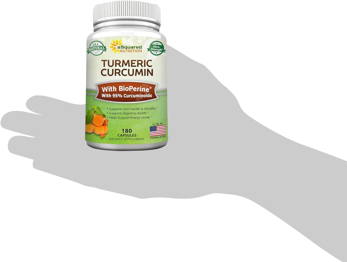 aSquared Nutrition Turmeric Curcumin with BioPerine Black Pepper Extract - 180 Capsules