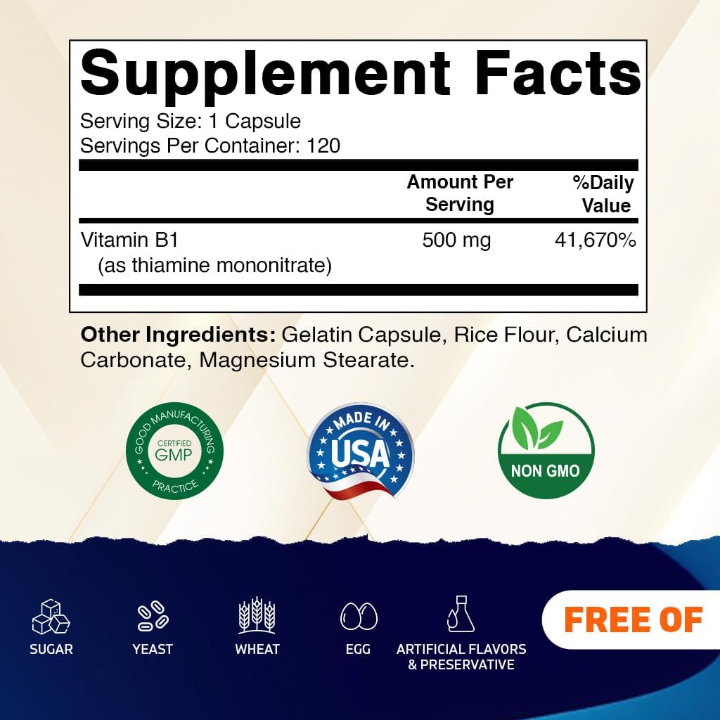Vitamatic Vitamin B1 (Thiamine) 500mg - 120 Capsules