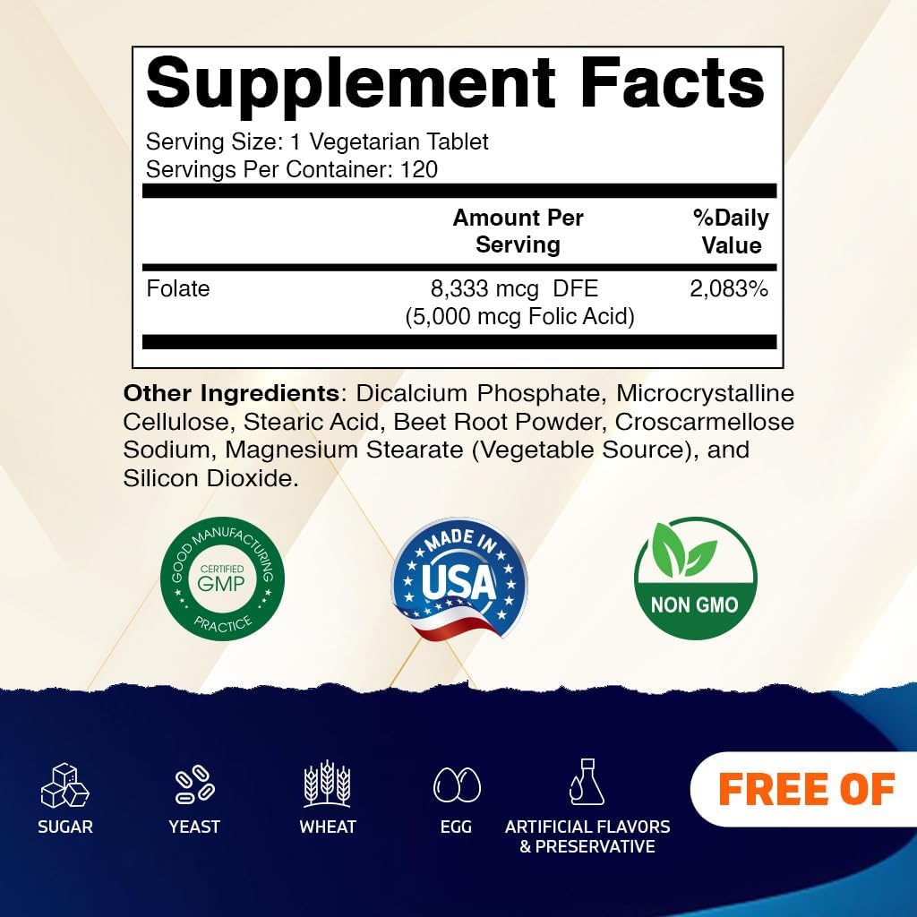 Vitamatic Folic Acid 5mg (5000 mcg) – 120 Vegetarian Tablets