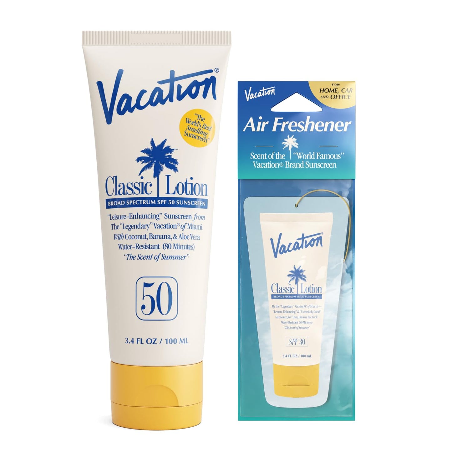 Vacation Classic Sunscreen Lotion SPF 50 & Air Freshener Bundle ,3.4 Fl. Oz.
