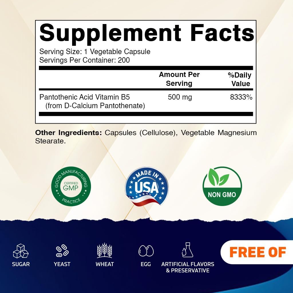 Vitamatic Pantothenic Acid (Vitamin B5) 500 mg- 200 Capsules