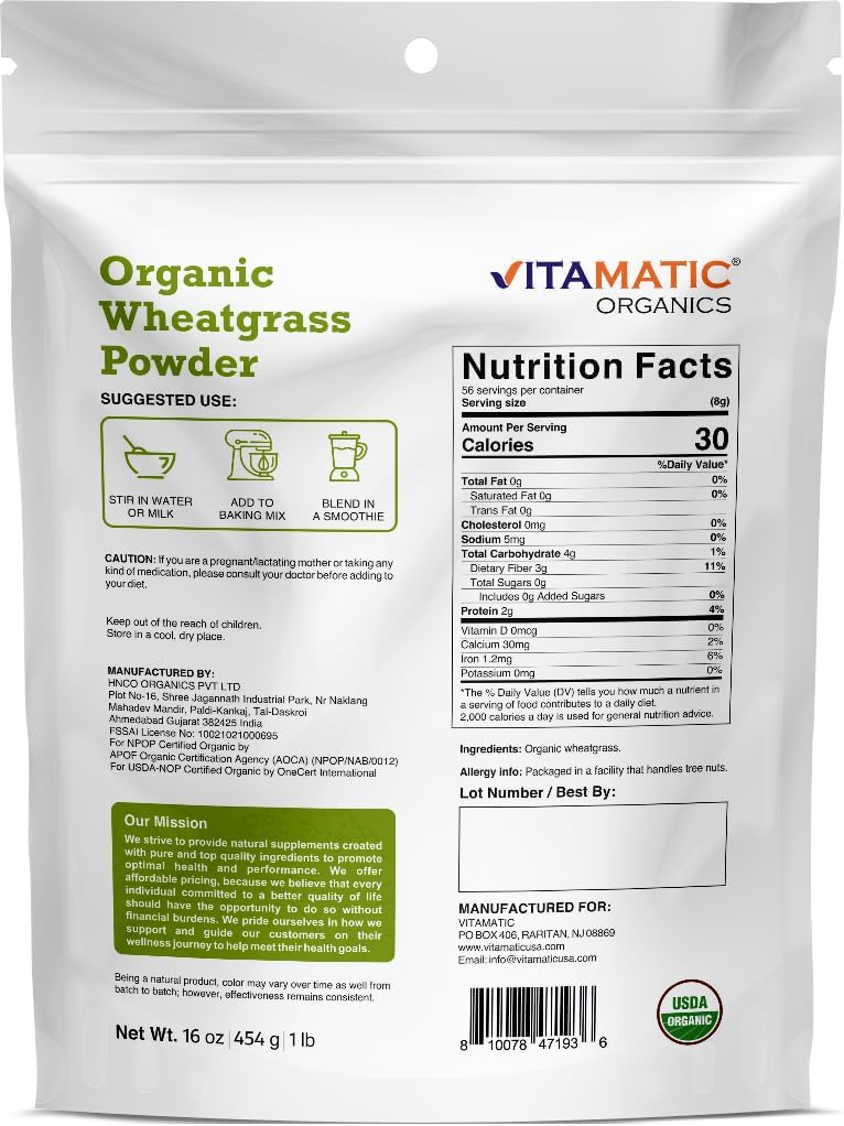 Vitamatic Certified USDA Organic Wheatgrass Powder – 16 Ounces