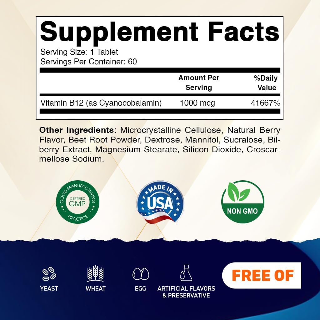 Vitamatic Vitamin B12 1000 mcg Fast Dissolve – 60 Tablets – Natural Berry Flavour