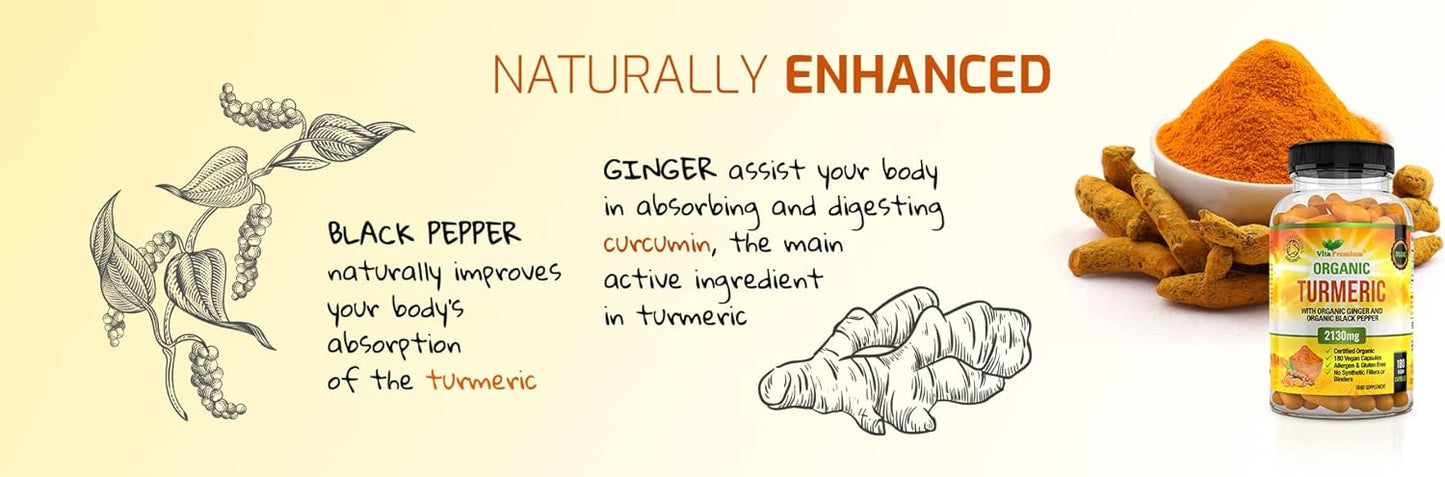 Organic Turmeric Curcumin with Ginger 180 Vegan Capsules
