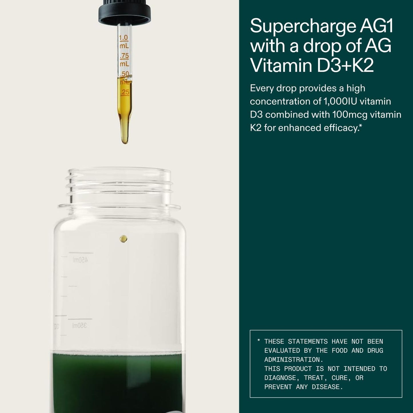 AG1 Vitamin D3 K2 Drops, 1000IU of Vitamin D3 and 100mcg - 1 fl oz