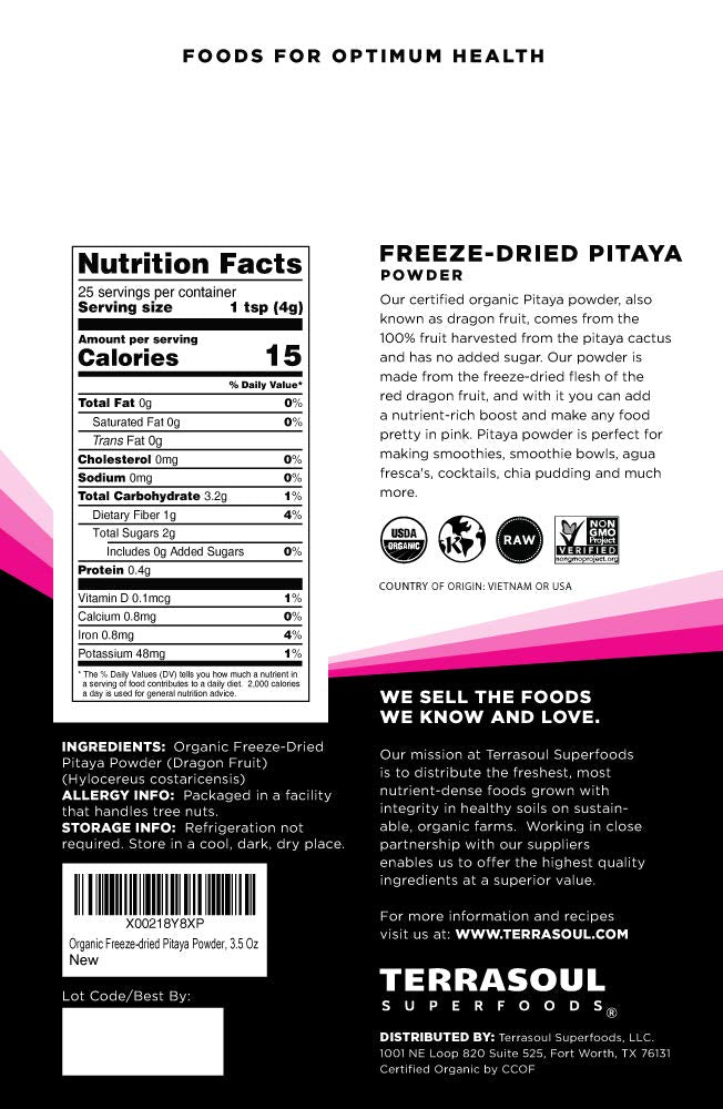 Terrasoul Superfoods Organic Freeze-Dried Pitaya Powder (Dragon Fruit)