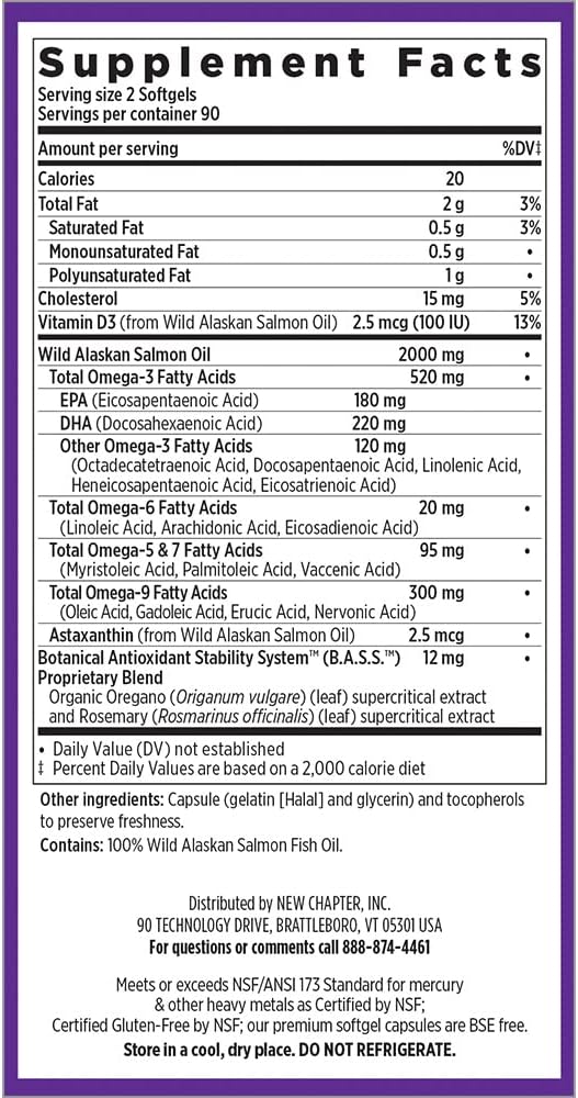 New Chapter Fish Oil Supplement - Wholemega Wild Alaskan Salmon Oil with Omega-3 + Vitamin D3 + Astaxanthin + Sustainably Caught - 180 Count