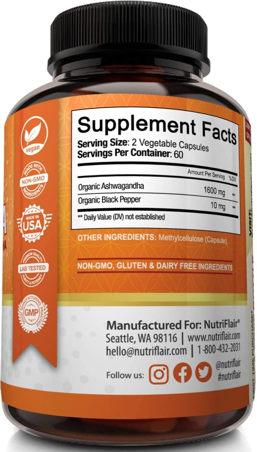 NutriFlair Organic Ashwagandha Capsules - 180 capsules