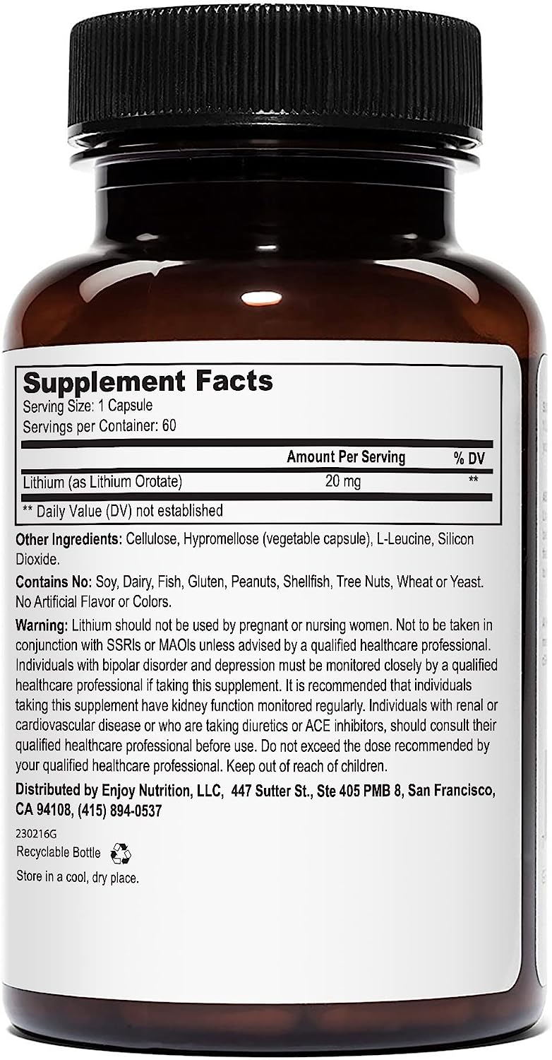 Lithium Orotate 20mg (1 Bottle), 60 Vegetarian Capsules