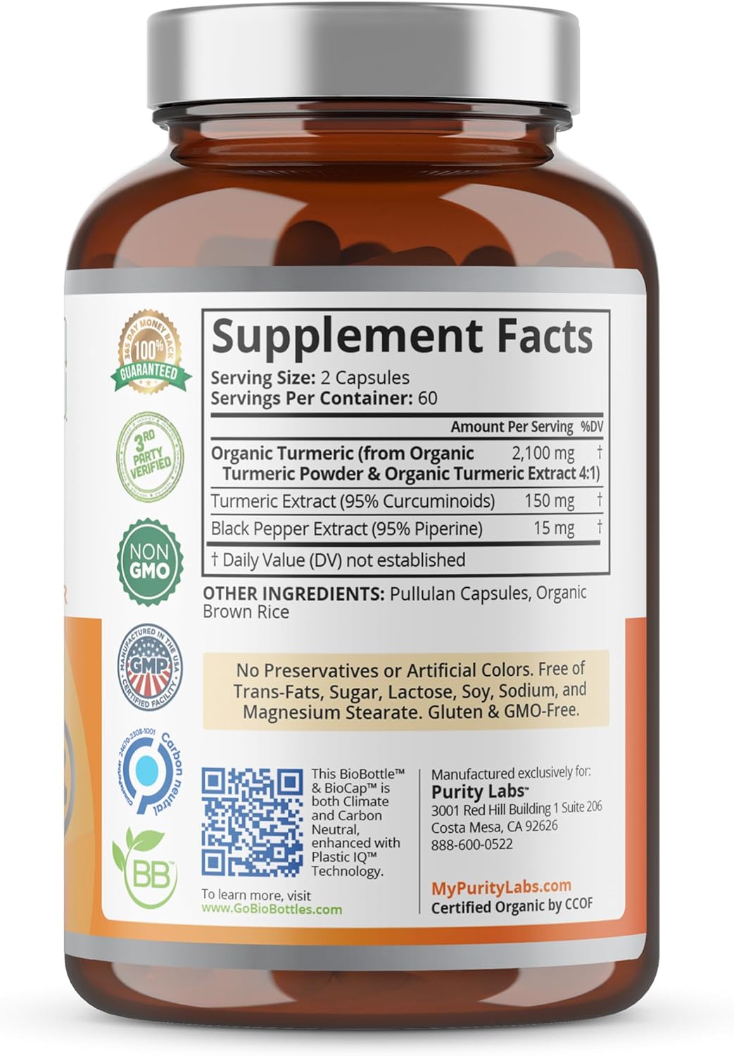 Organic Turmeric Curcumin with Black Pepper Bioperine 2,250 MG- 120 Capsules