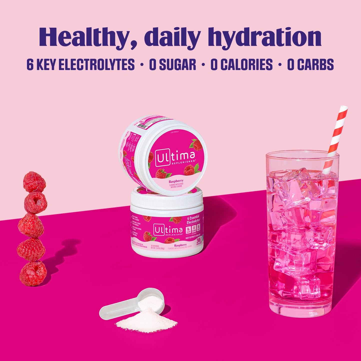 Ultima Replenisher Electrolyte Powder Drink Mix Bundle – Sugar Free – Rasberry 30 Serving Canister and 20 Stickpacks