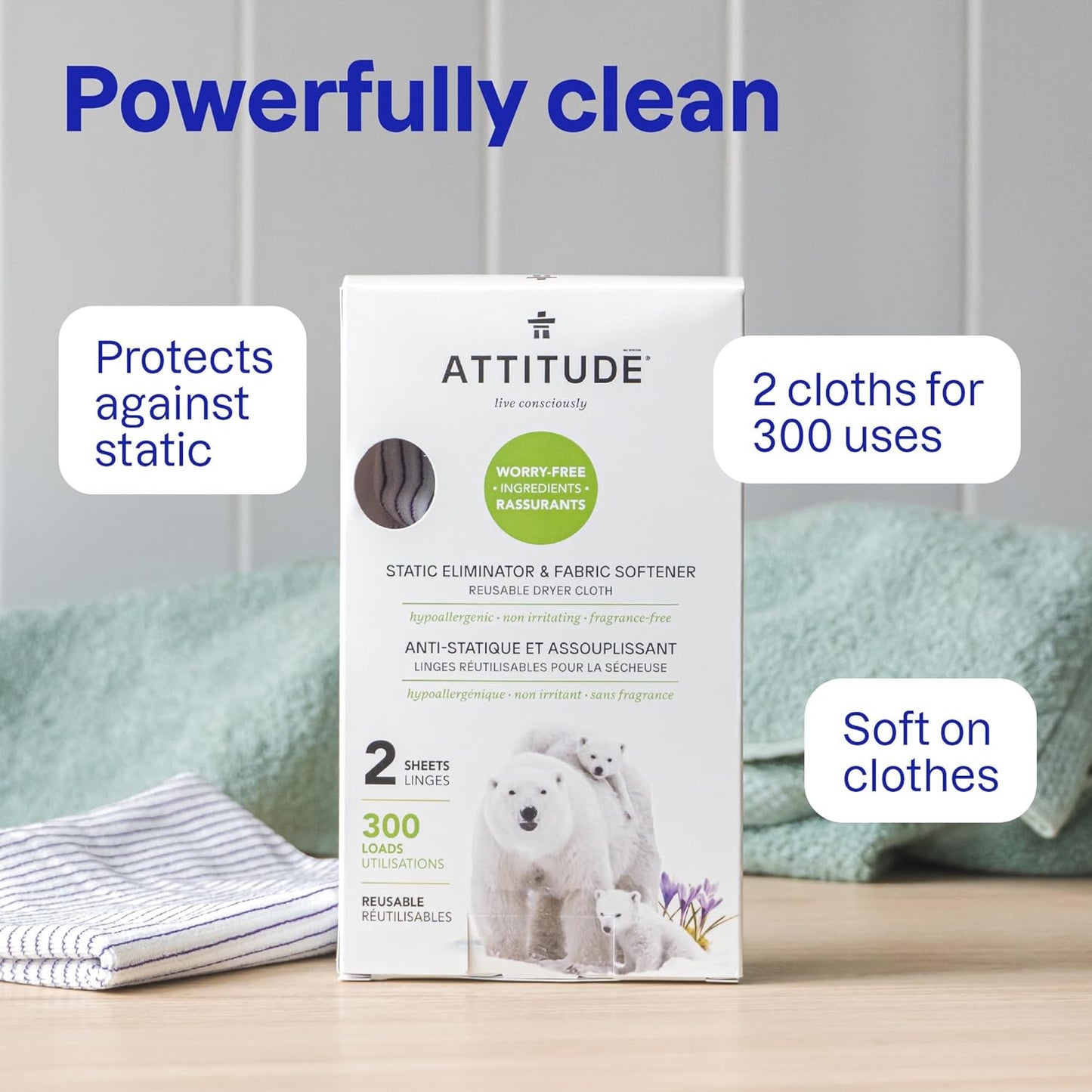 ATTITUDE Static Eliminator Reusable Dryer Cloth Fabric Softener