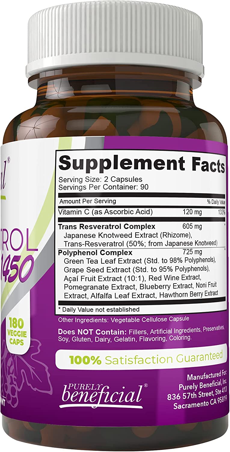 PURELY beneficial RESVERATROL1450-90day Supply, 1450mg per Serving of Potent Antioxidant