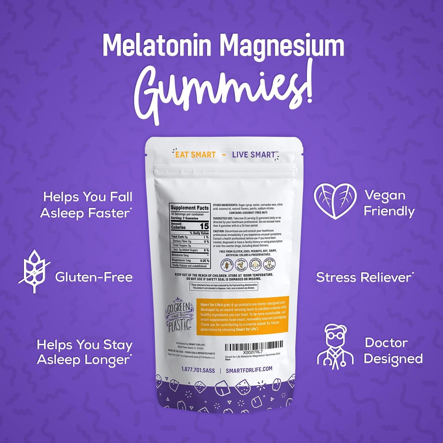SMART FOR LIFE Melatonin Gummies 5mg W/Magnesium - 60 Count