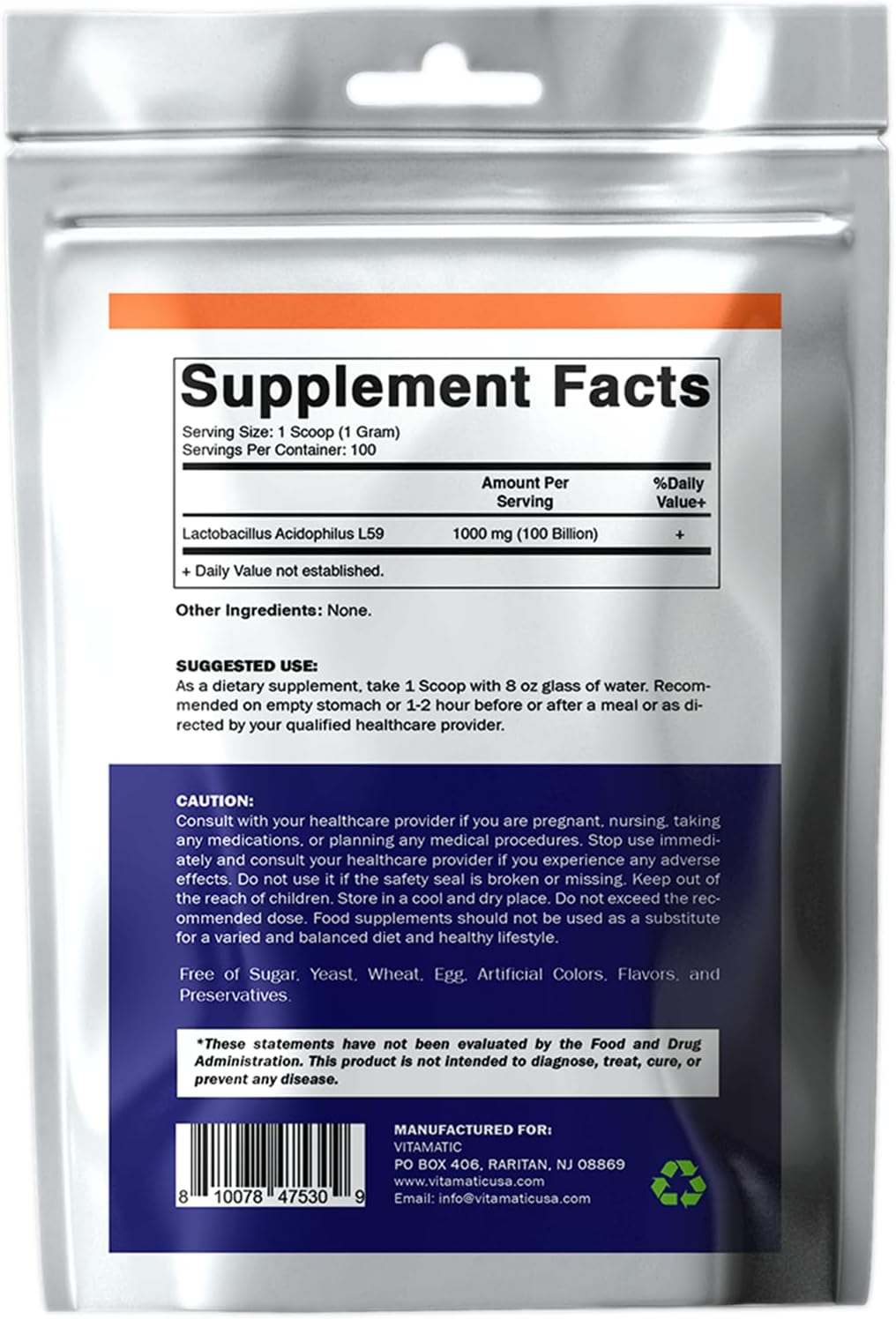 Vitamatic Lactobacillus Acidophilus Probiotic Powder - 100 Gram (3.5 OZ)