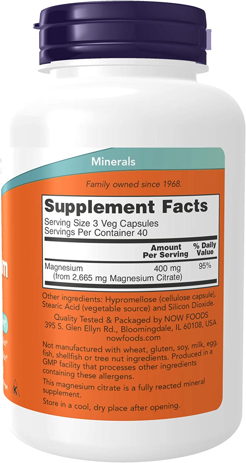 NOW Supplements, Magnesium Citrate, Enzyme Function*, Nervous System Support*, 120 Veg Capsules