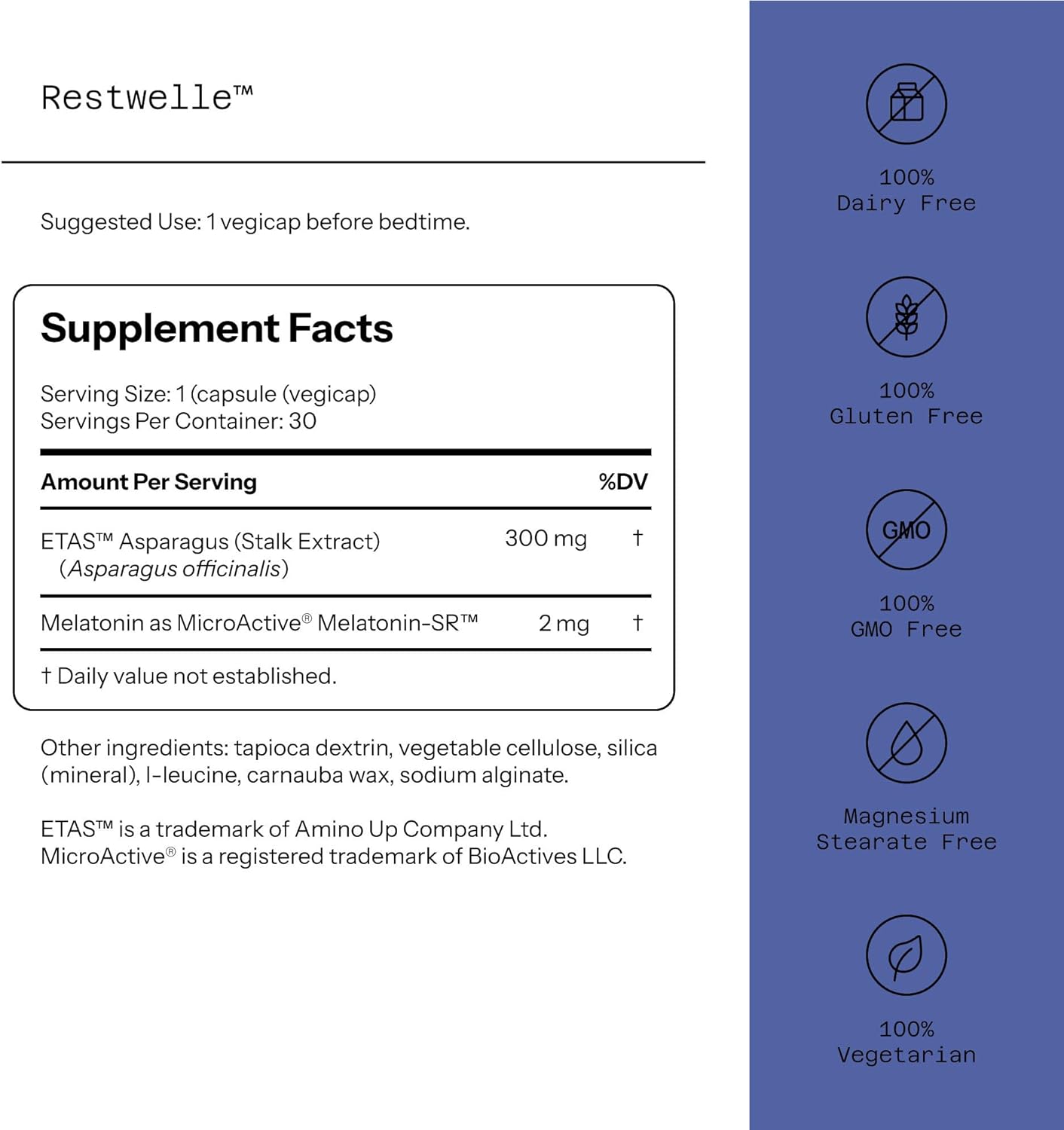 Quality of Life - Restwelle – Non Groggy formula with ETAS and Melatonin SR – 30 Capsules