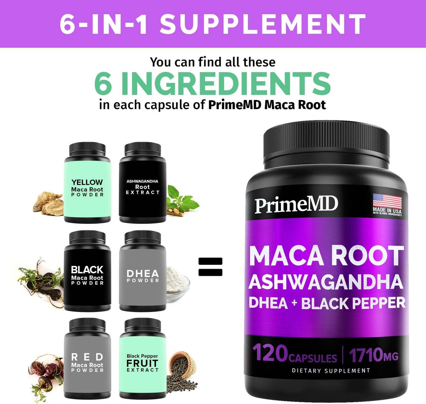 6-in-1 Organic Maca Root & Ashwagandha 120 Capsules