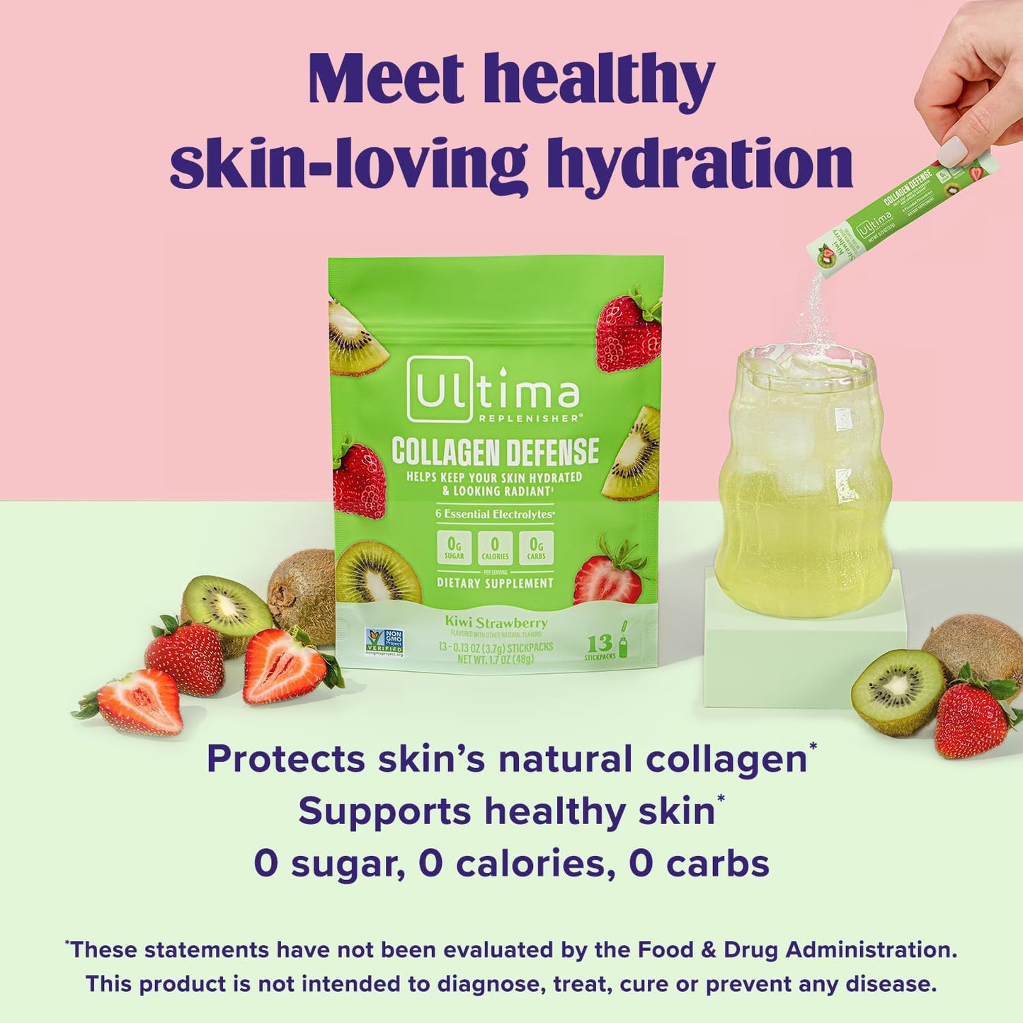 Ultima Replenisher Collagen Defense Supplement and Electrolytes Powder - Kiwi Strawberry, 13 Stickpacks