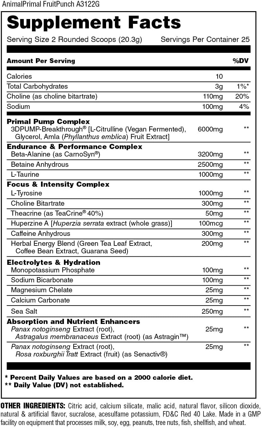 Animal Primal Muscle Hydration + Preworkout Powder– Fruit Punch Flavor, 17.9 oz