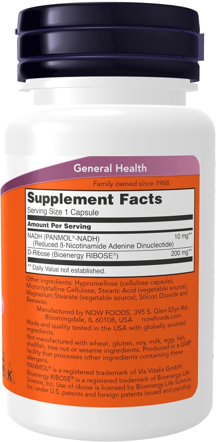 NOW Foods Supplements, NADH (Reduced Nicotinamide Adenine Dinucleotide) 10 mg with 200 mg D-Ribose, 60 Veg Capsules