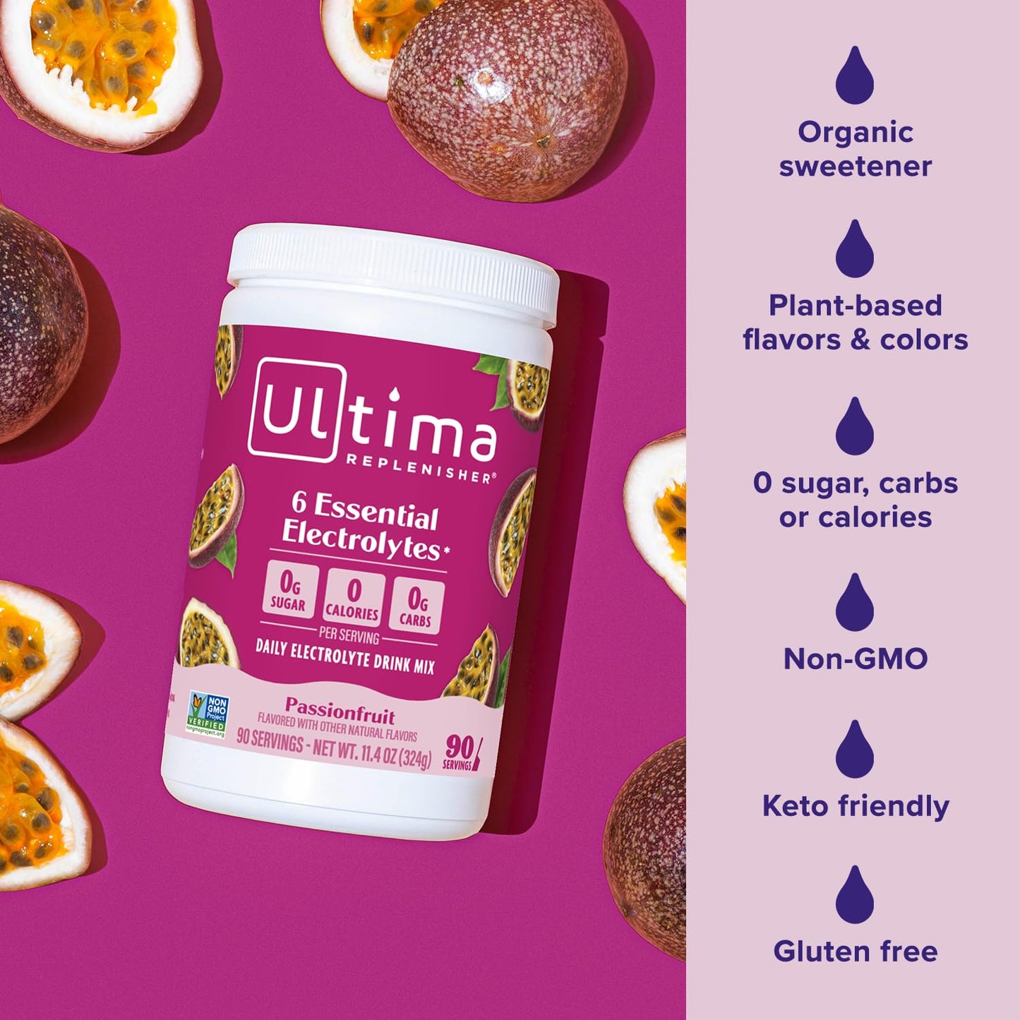 Ultima Replenisher Daily Electrolyte Powder Drink Mix – Sugar Free – Passionfruit, 90 Servings