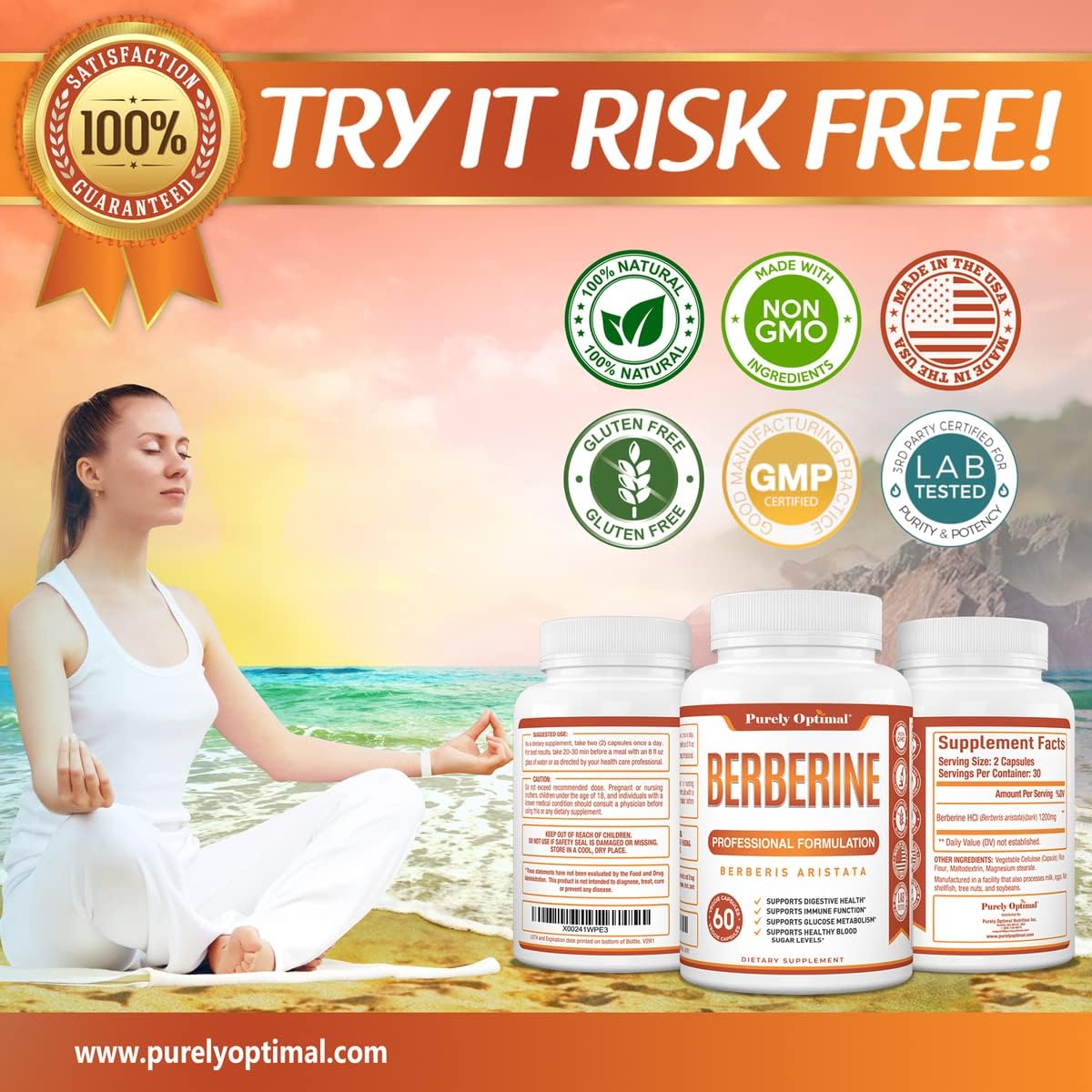 Purely Optimal Premium Berberine 1200mg Supplement - 60 capsules
