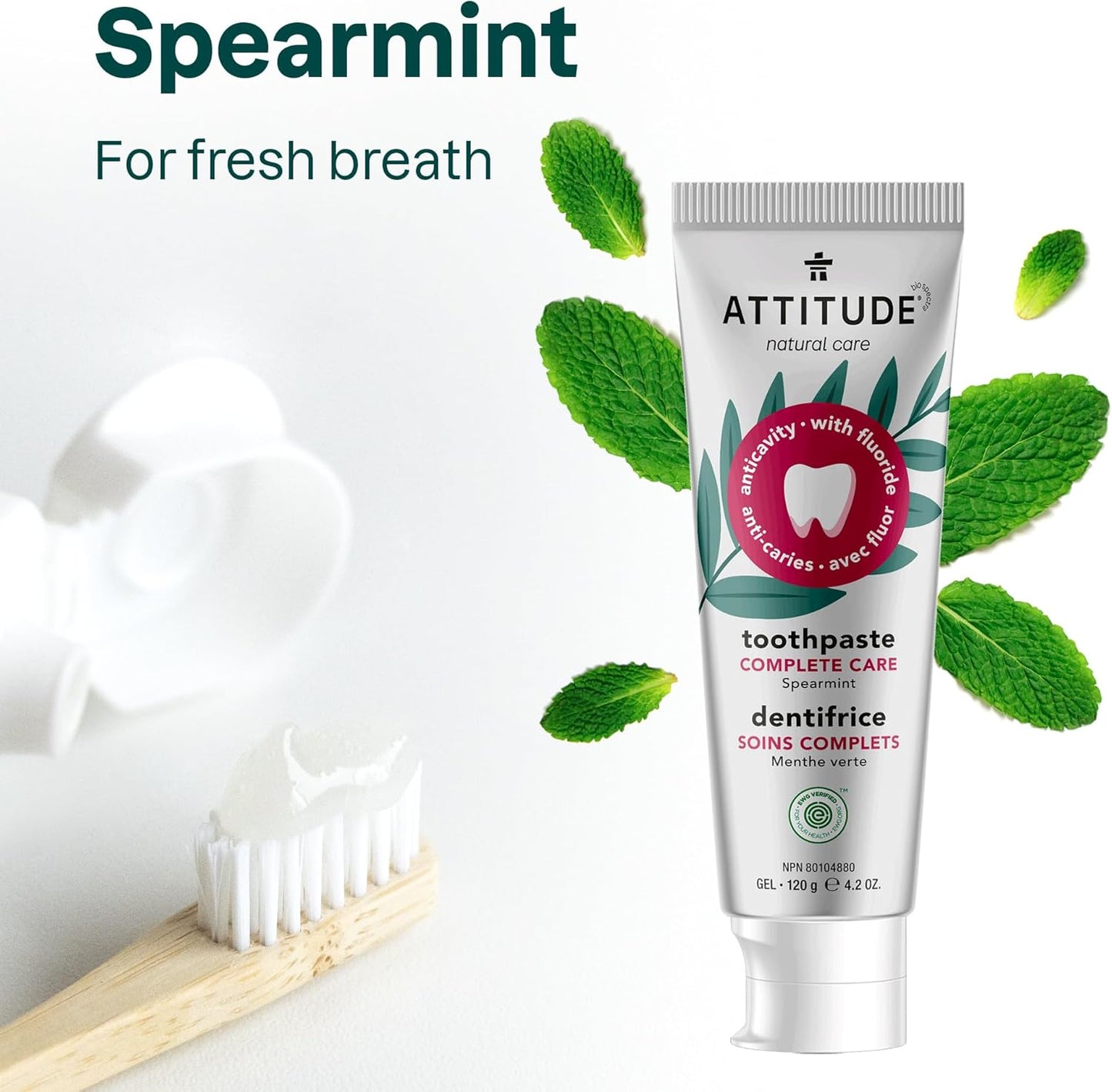 ATTITUDE Complete Care Toothpaste with Fluoride, Spearmint Flavor,4.2 Oz
